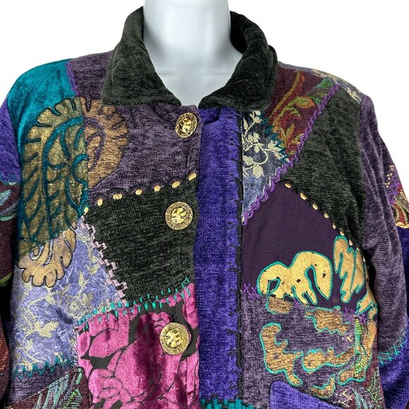 Tapestry Patch Vintage Patchwork Velvet Jacket With Gold Buttons & Embroidery M - Picture 3 of 7